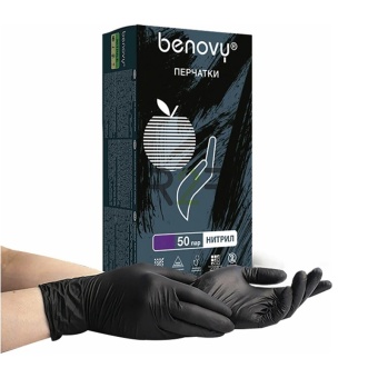 Перчатки «BENOVY» нитриловые текстурированные, цвет черный, р. L, 50 пар/уп.